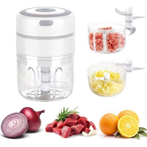 Pair Elektrischer Mini-zwiebelzerkleinerer Mit 2 Bechern, Elektrischer Küchenmixer Mit Zerkleinerer (250 Ml + 100 Ml), Usb-aufladbar Für Gemüse, Obst Und Fleisch (weiß)