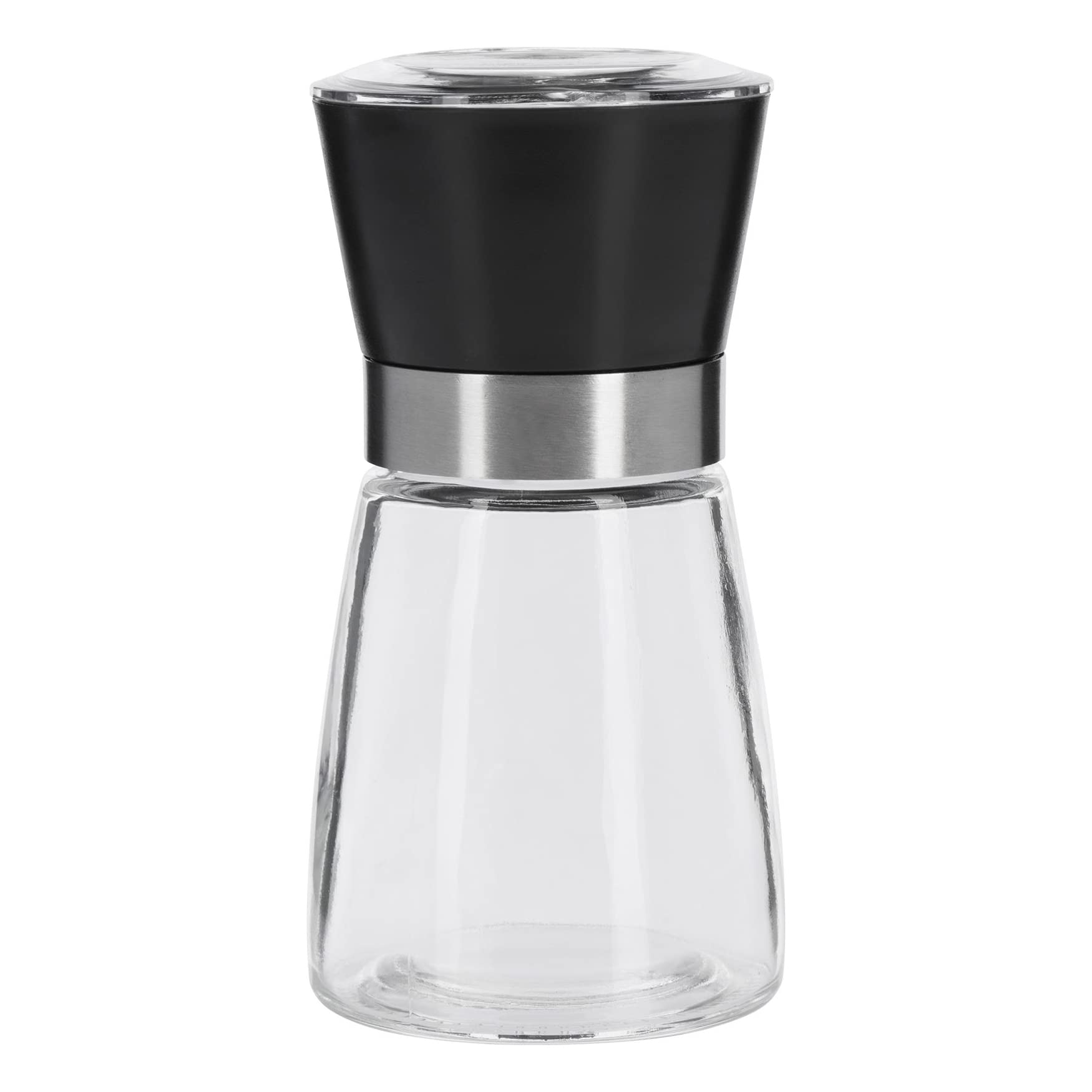Gewürzmühle – Keramikmahlwerk, Stufenlose Einstellung, Gehäuse Aus Glas Und Kunststoff, Farben: Schwarz, Silber Und Transparent.