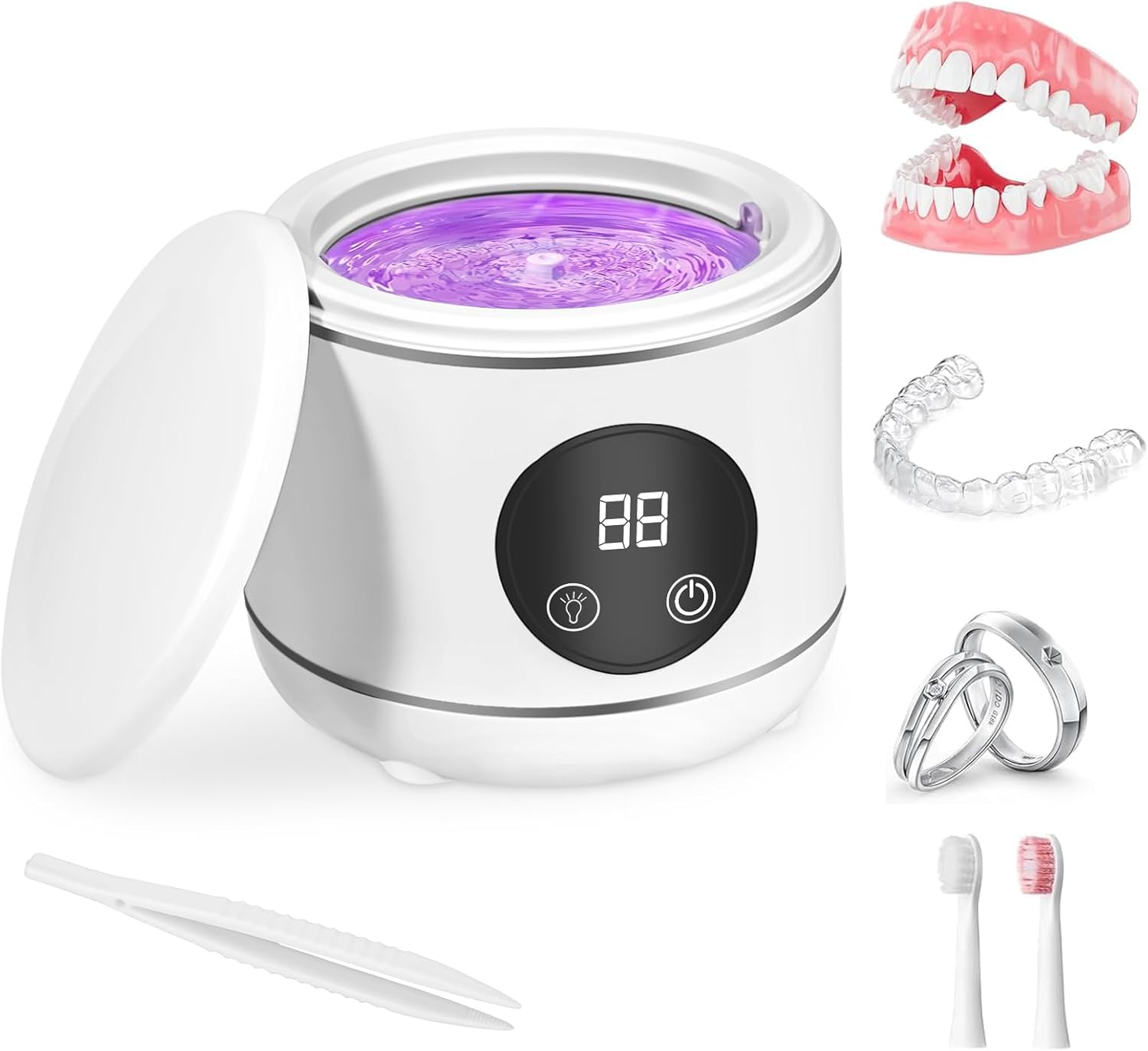 Ultravioletter Ultraschall-fixierreiniger, 230 Ml Prothesen-fixierreiniger-maschine, Zahnschutz-aligner-bürstenkopfschmuck, Armbanduhr Mit Drei Modi (weiß)