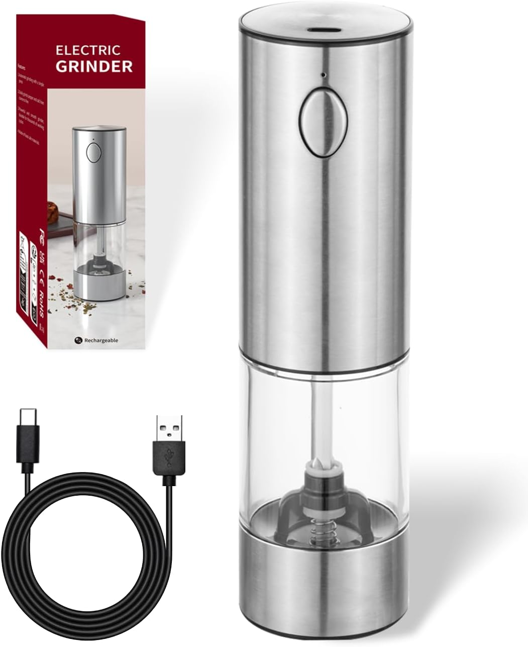 Elektrische Salz- Und Pfeffermühle, Stufenlos Verstellbares Mahlwerk Aus Edelstahl-keramik, Über Usb Wiederaufladbar, Mit Sichtfenster