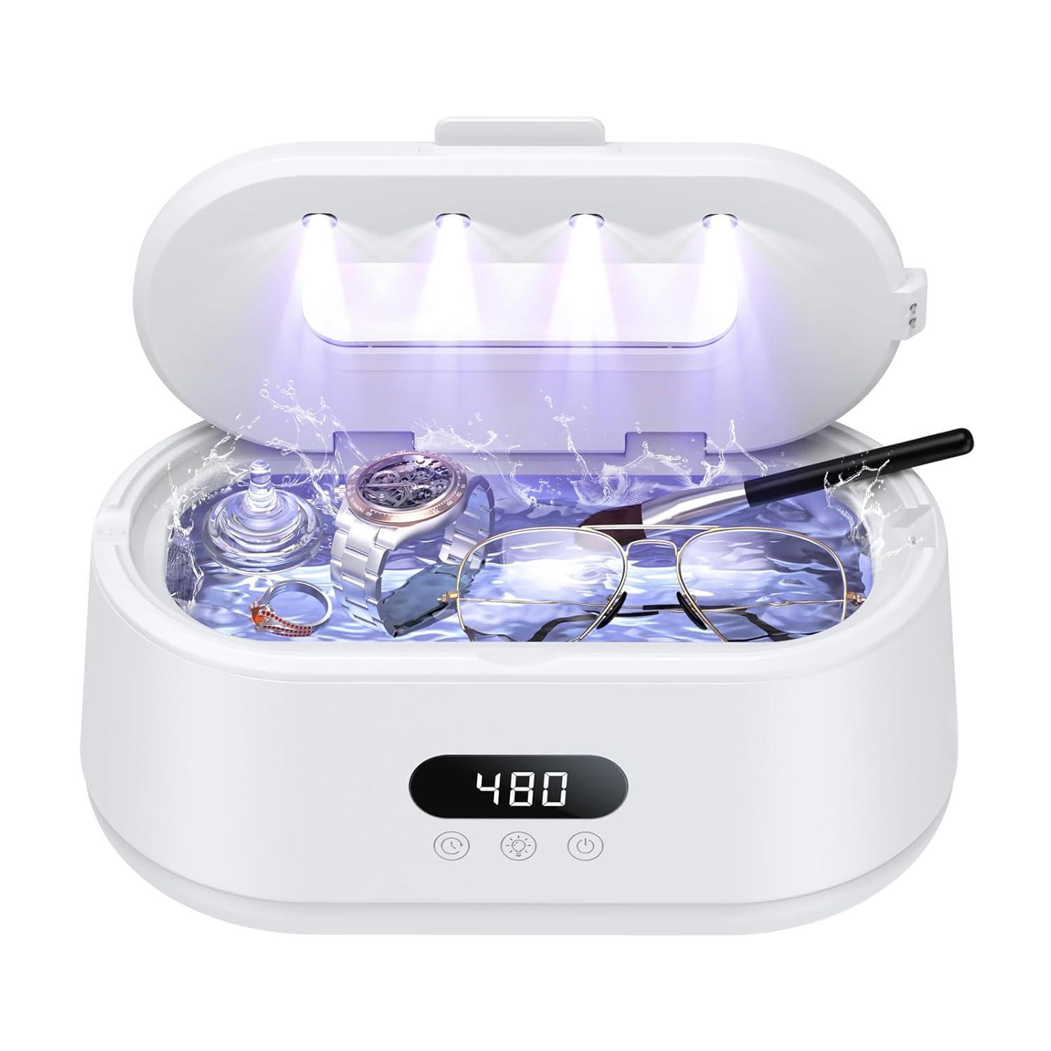 Ultraschall-schmuckreiniger, 50 Khz, Zwei Betriebsmodi Und Led-anzeige, 5 Reinigungsmodi, 24-w-schallreiniger Für Schmuck, Brillen, Uhren, Ringe, Uhrenarmbänder (weiß)