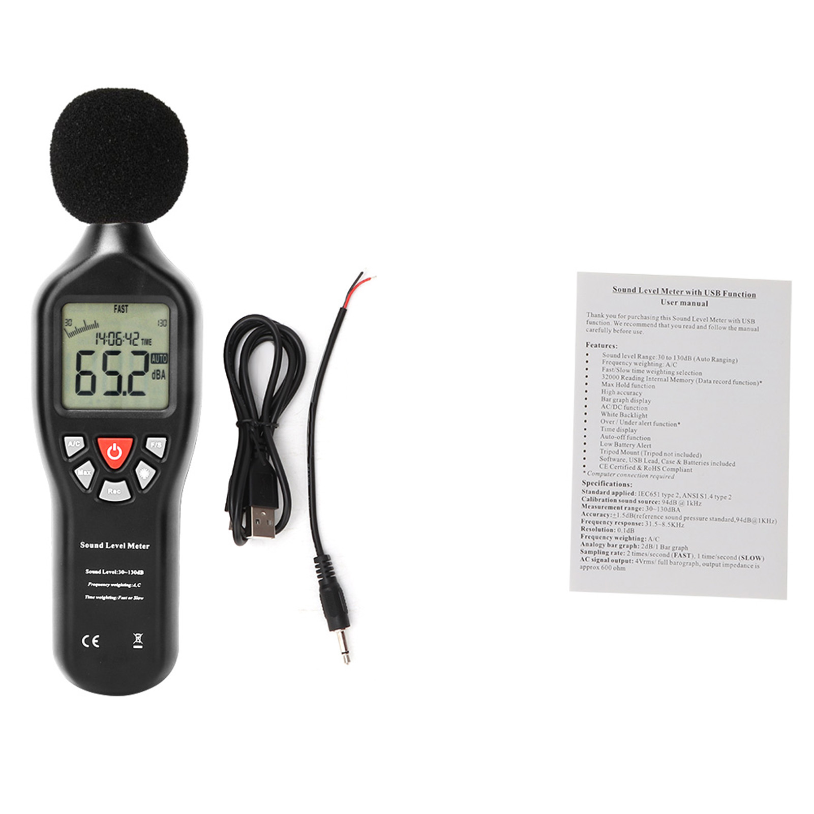 Professioneller Schallpegelmesser, Datenlogger, Lärm-audio-tester, 30 Db–130 Db