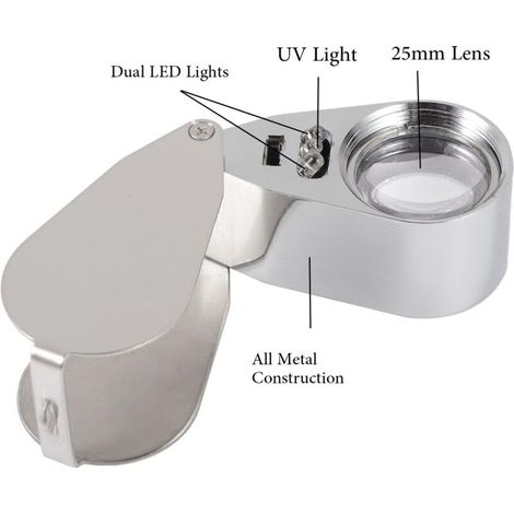 Juwelierlupe Mit 40-facher Vergrößerung. Metall. Zusammenklappbar. Mit Led- Und Uv-licht. Für Diamanten, Münzen Und Briefmarken.
