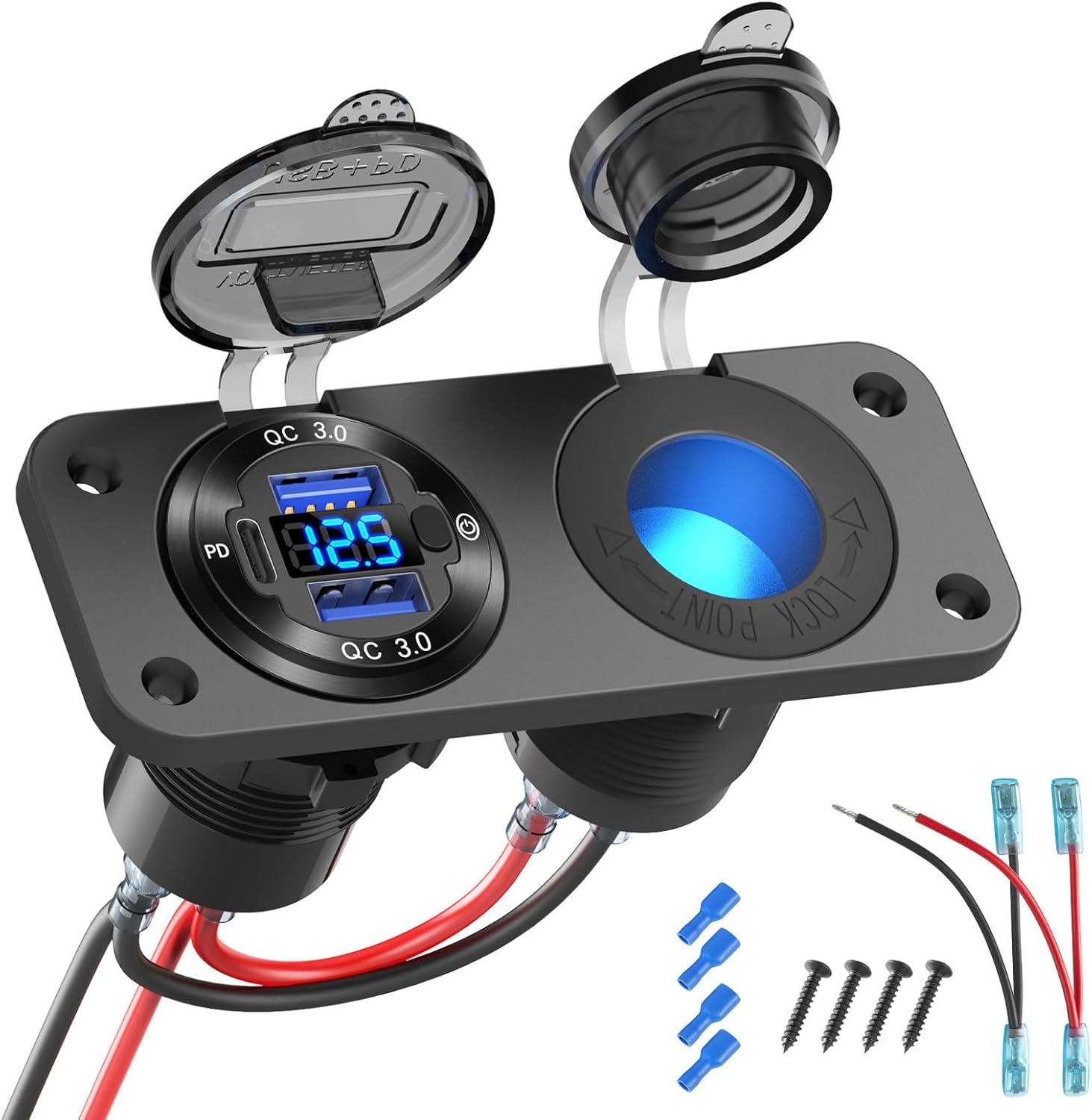12-v-usb-ausgang, Marine-schalterpanel-stecker, Pd3.0- Und Zwei Qc3.0-usb-anschlüsse, Beleuchtetes Aluminium-kfz-ladegerät, Zigarettenanzünderstecker, 150-w-2-in-1-kit