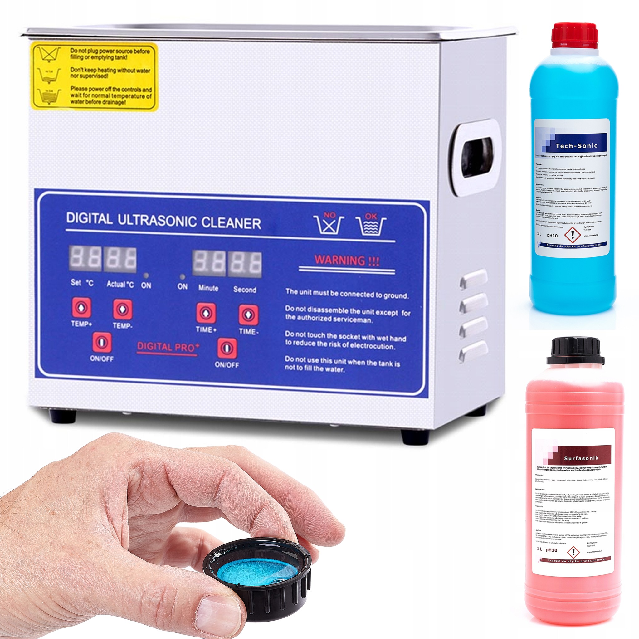 Ultraschallreiniger Ps-20a (3,2 L) Mit Heizung Und Display + Techsonic-reinigungsflüssigkeit (1 L) + Surfa Sonic Cleantech-reinigungsflüssigkeit (1 L)