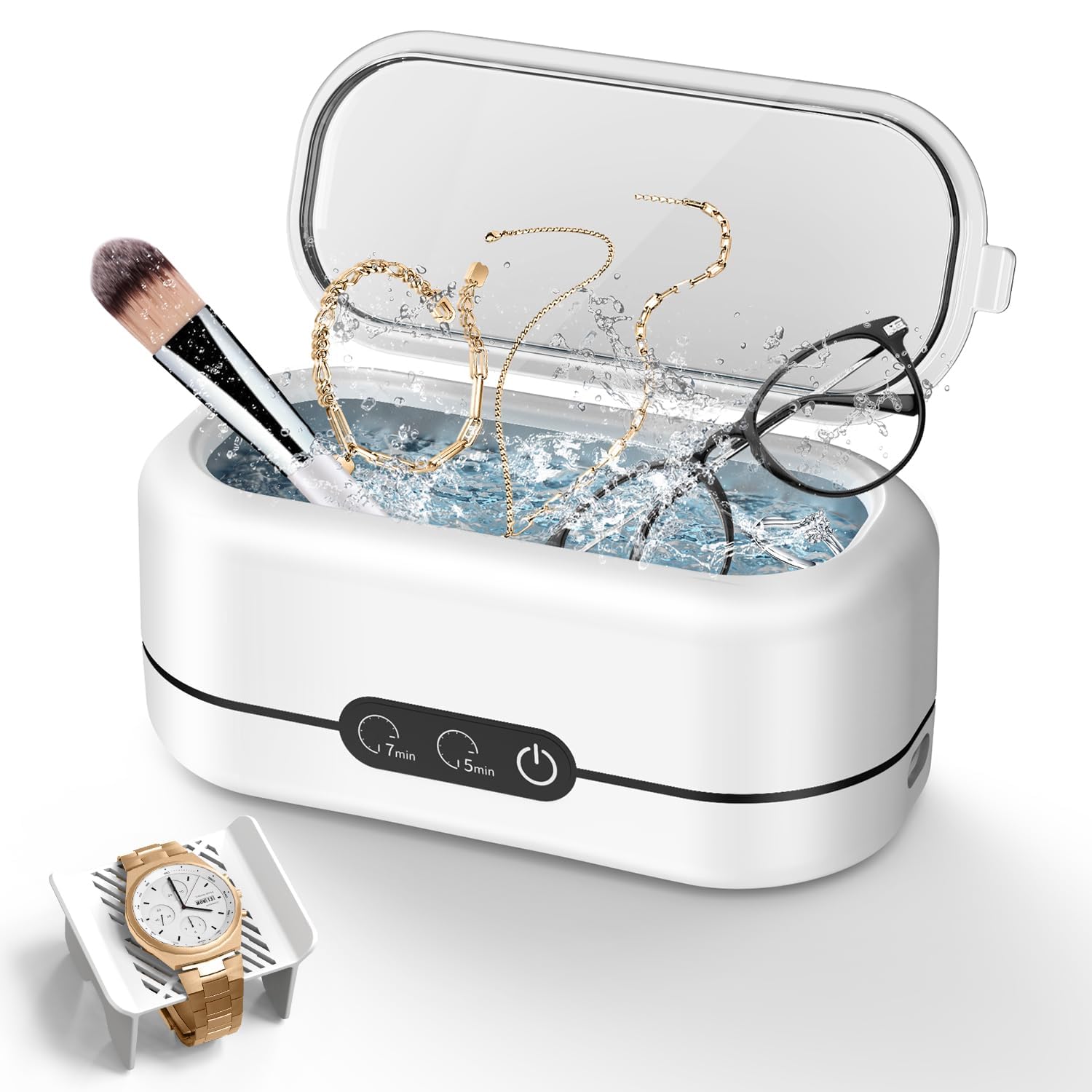 Ultraschall-schmuckreiniger – 48-khz-ultraschallreinigungsgerät Für Schmuck, Brillen, Ringe, Halsketten, Uhrenarmbänder, Make-up-pinsel, Zwei Reinigungsmodi, Weiß