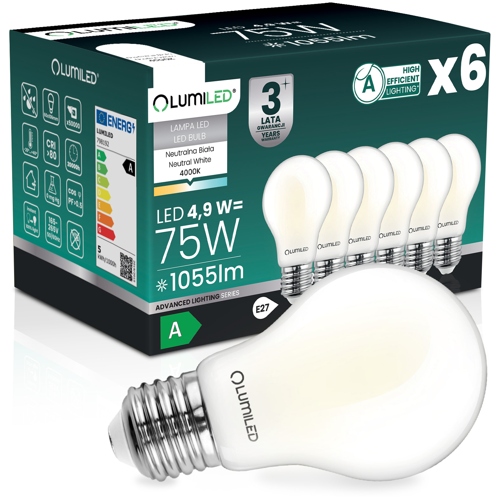 6x Led-lampe E27 A60 4,9 W 1055 Lm = 75 W 4000 K Neutralleiter 360° Glühfaden Klasse A