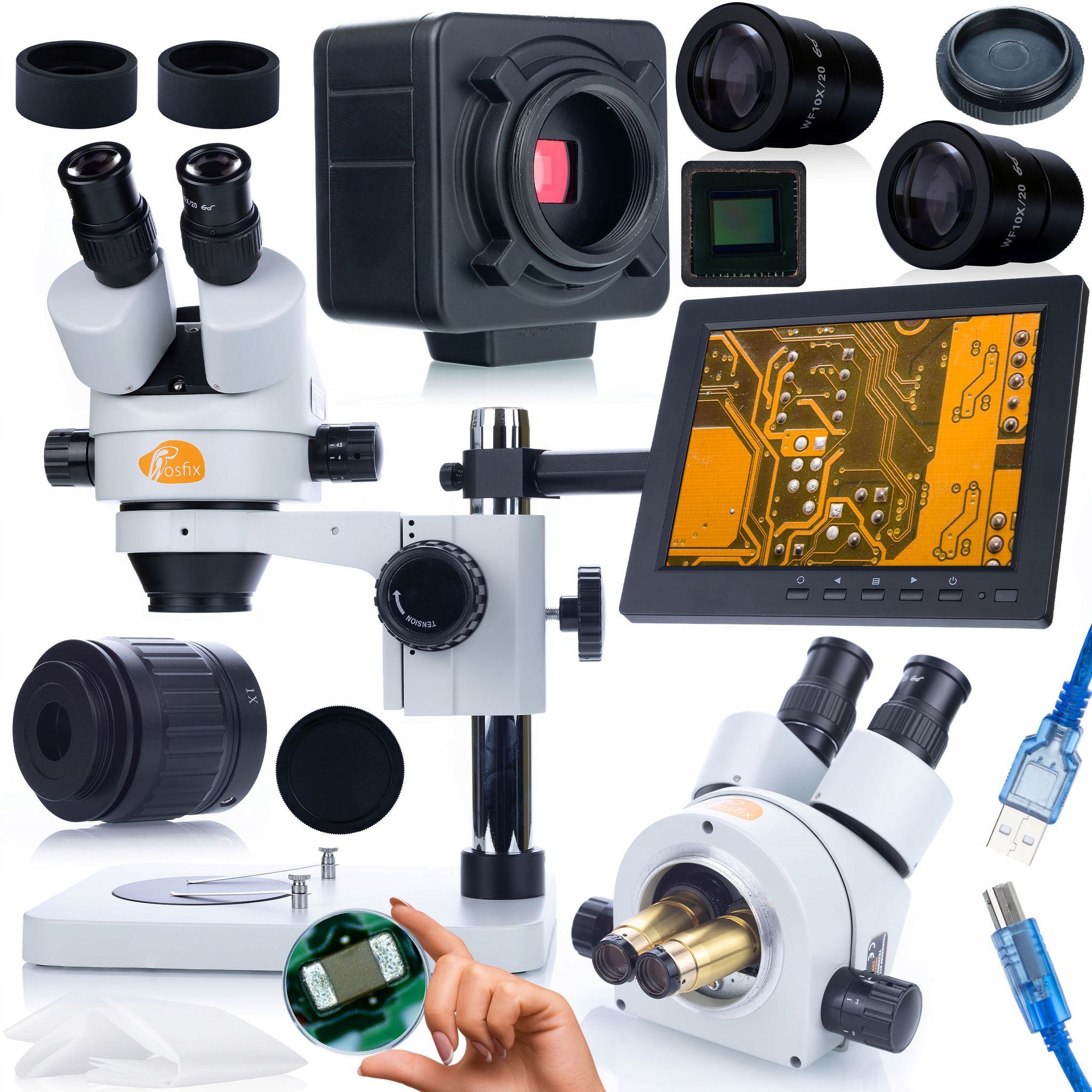 Rosfix Mercury Pro Msmp-t-ps1 Mikroskop-set + Crux Pro Kmcp-hdmi-usb 5-megapixel-kamera, Plantes Pro-serie + Displayhalter + 8-zoll-display