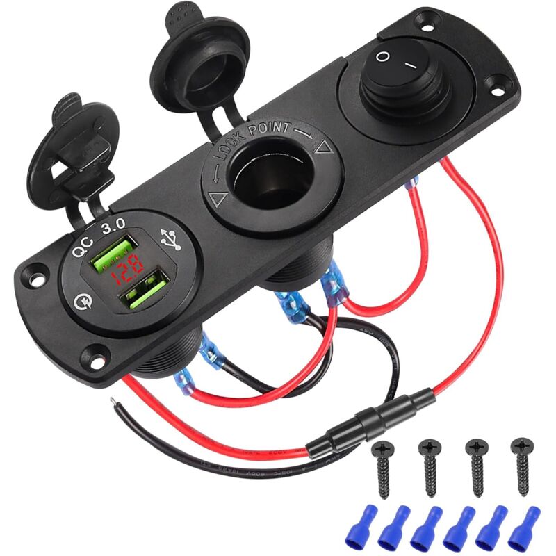 3-in-1 Wasserdichte 12-v-zigarettenanzünderbuchse Mit Qc3.0-doppel-usb-ausgang, Voltmeter Und Digitalschalter – Für Auto Und Boot