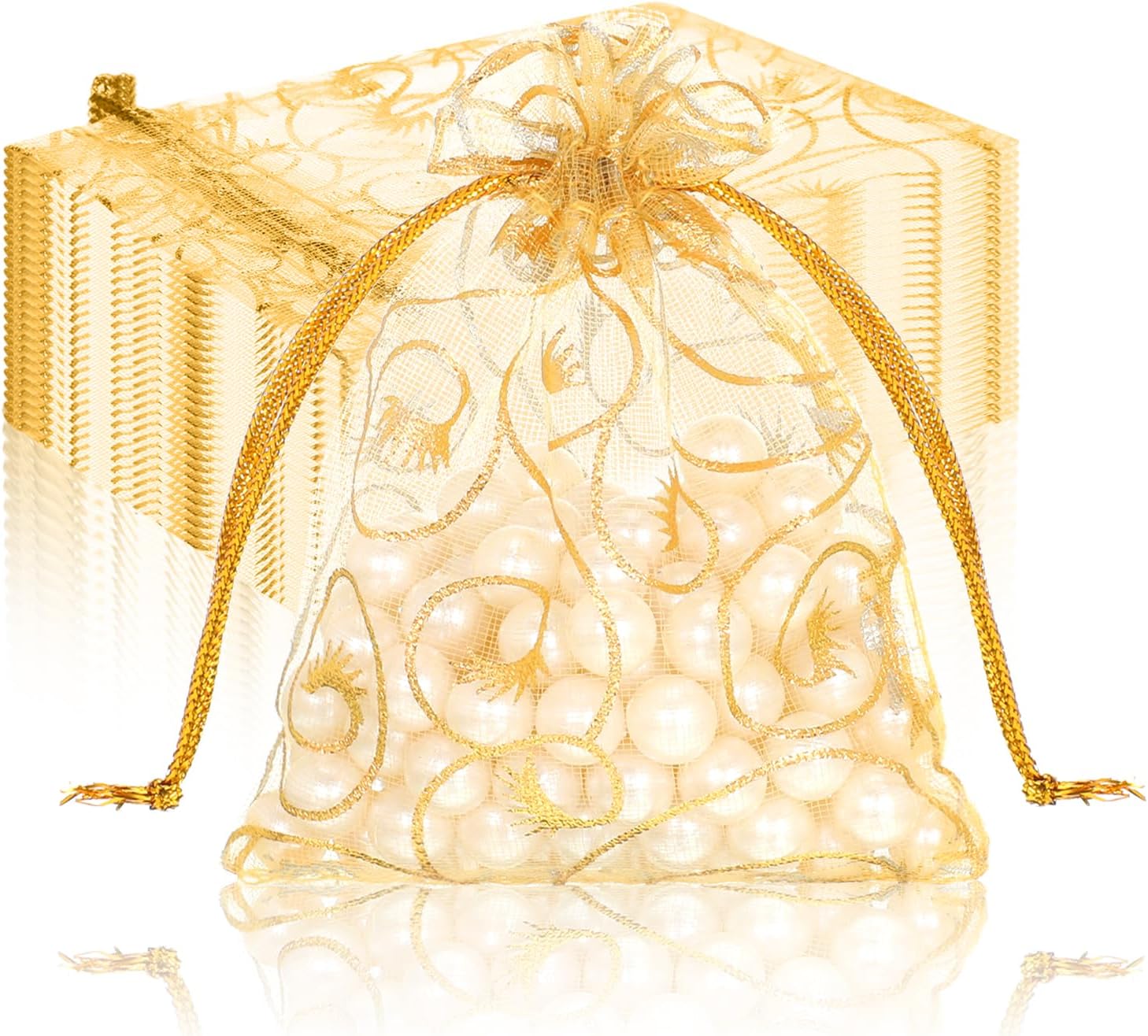 Kordelzug-organzasäckchen, 7 X 9 Cm, Gold, Bedruckt, Geschenksäckchen, Schmucksäckchen, Klein, Für Hochzeit, Taufe, 100 Stück.