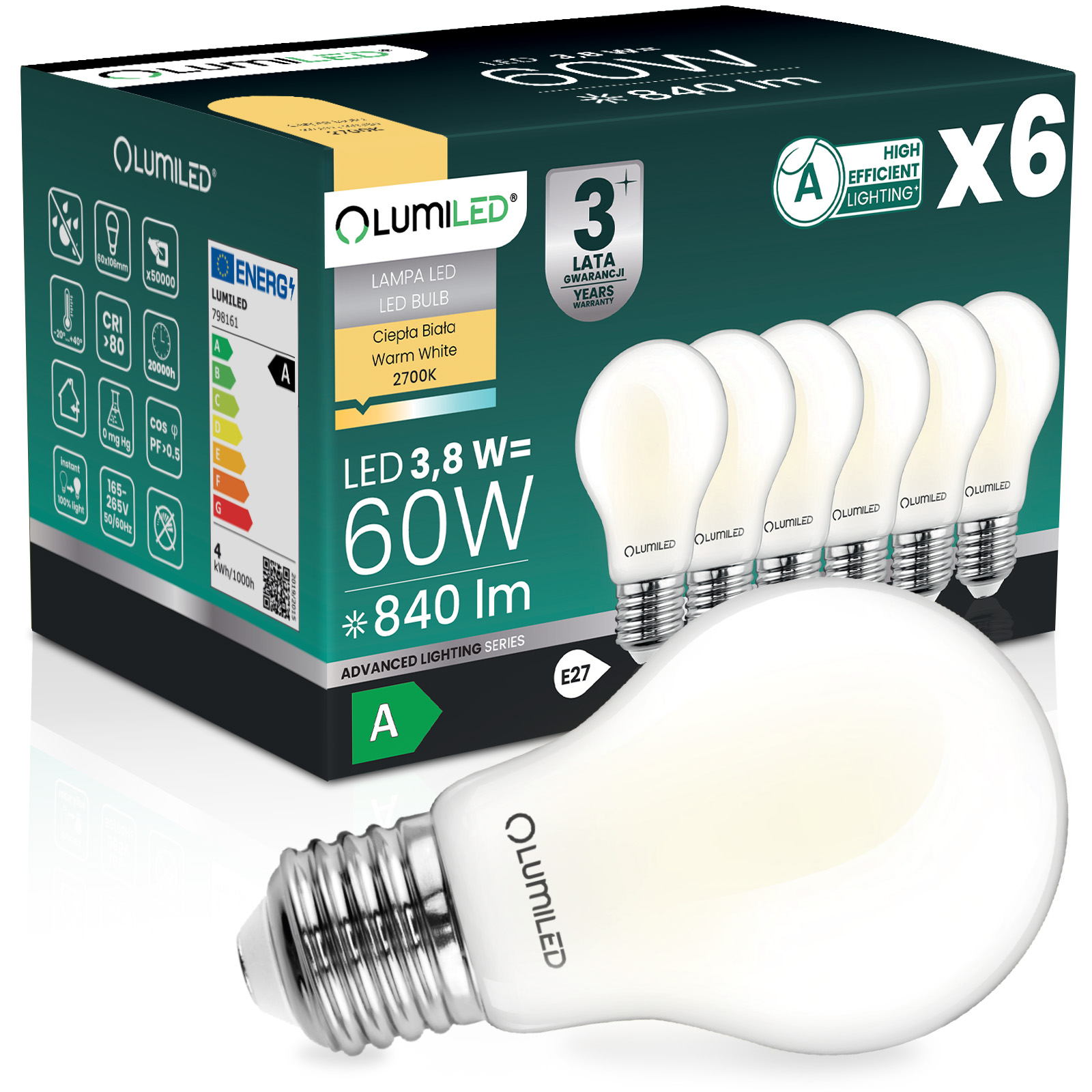 6x Led-lampe E27 A60 3,8 W 840 Lm = 60 W 2700 K Warmweiß 360°-glühfaden, Lichtklasse A