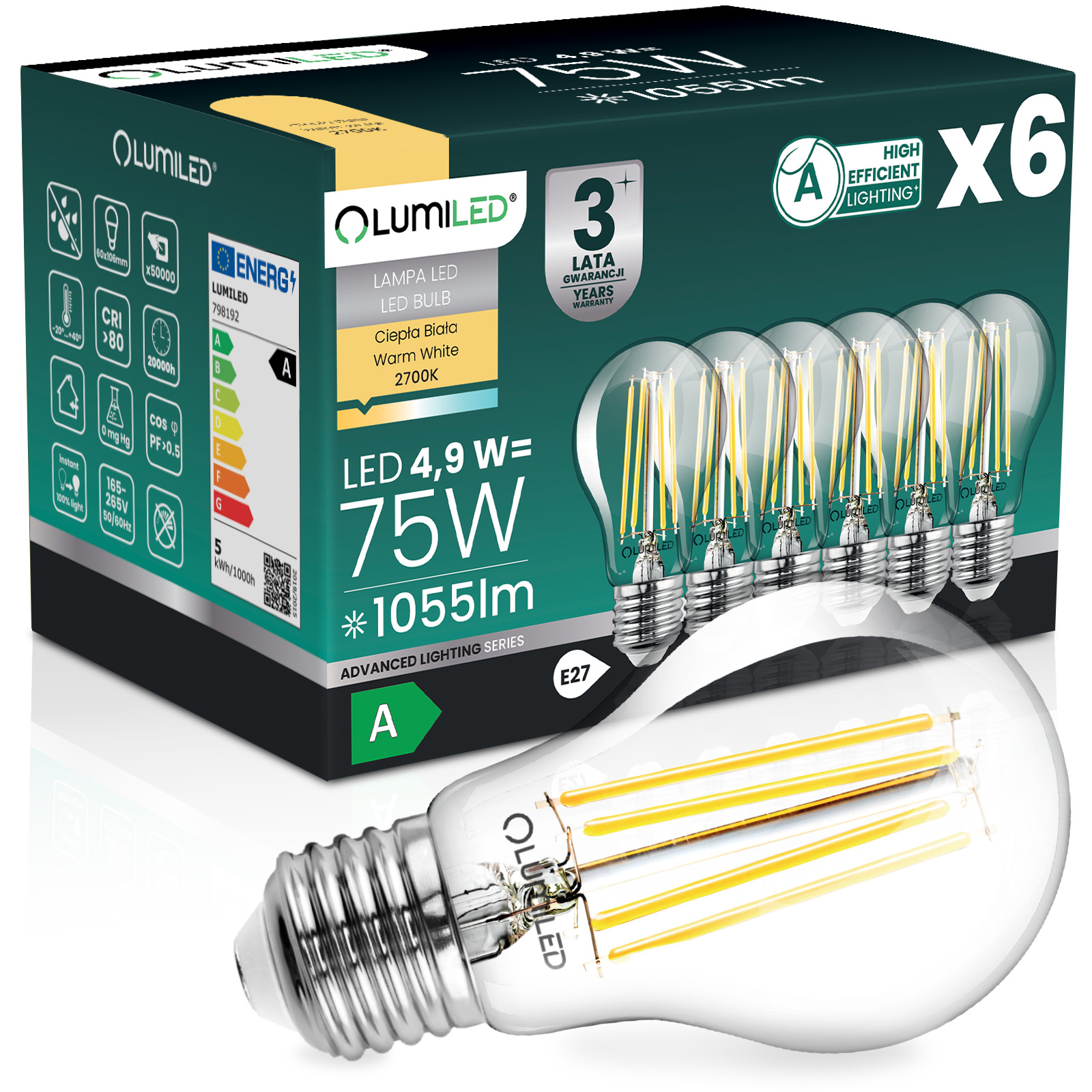 6x Led-lampe E27 A60 4,9 W 1055 Lm = 75 W 2700 K Warmweiß 360°-glühfaden Klasse A