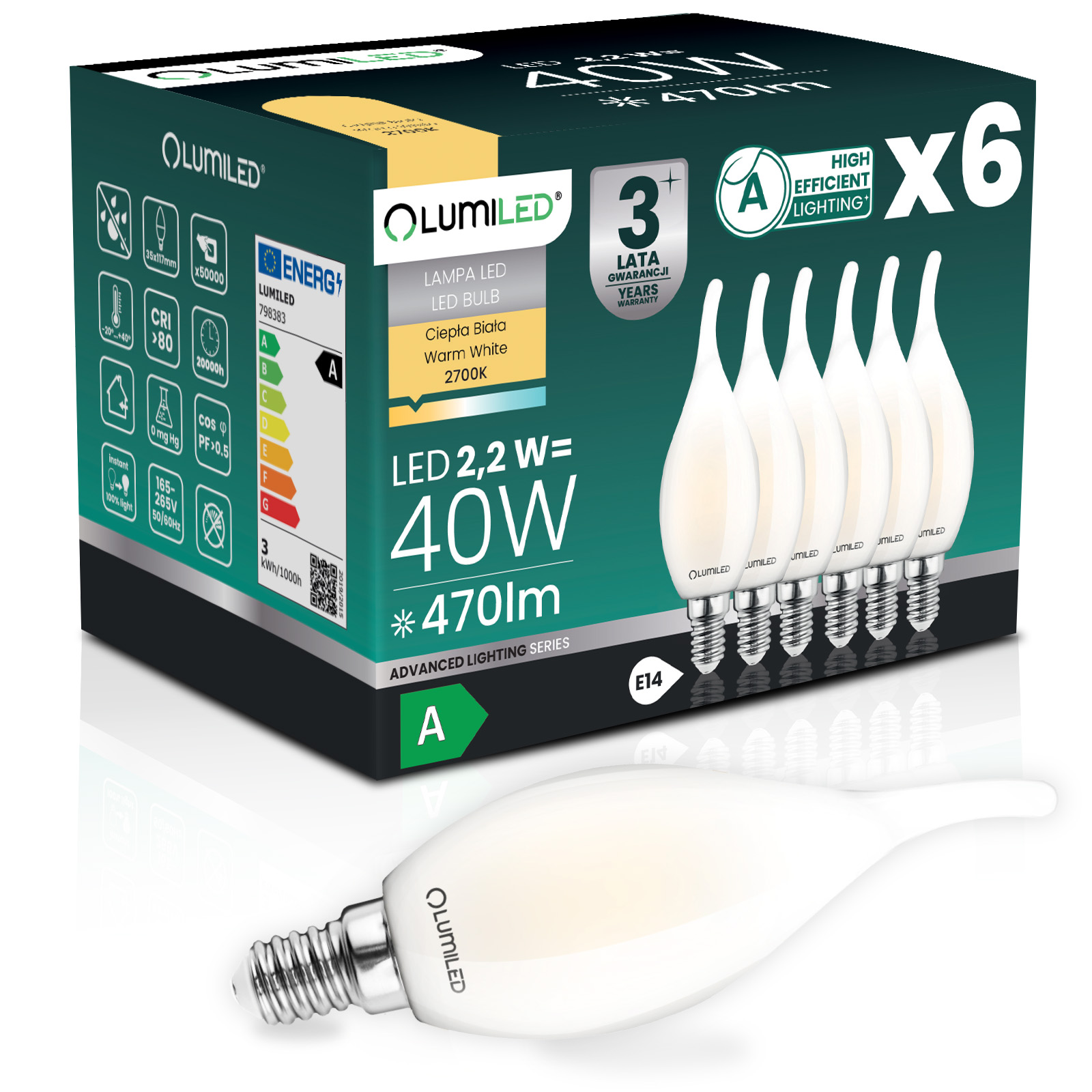 6x Led-lampe E14 Kerze Ba35 2,2 W 470 Lm = 40 W 2700 K Warmweiß 360° Glühfaden Klasse A