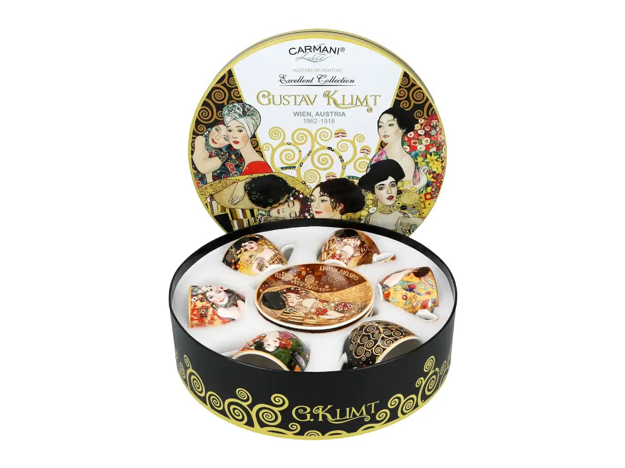 Carmani-set Mit 6 Espressotassen In Einer Runden Schachtel – G. Klimt