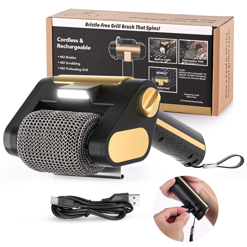 Elektrische Grillreinigungsbürste, Borstenlos, Wiederaufladbar, 350 U/min Edelstahlwalze, Led, 2600 Mah Akku (schwarz & Gold)