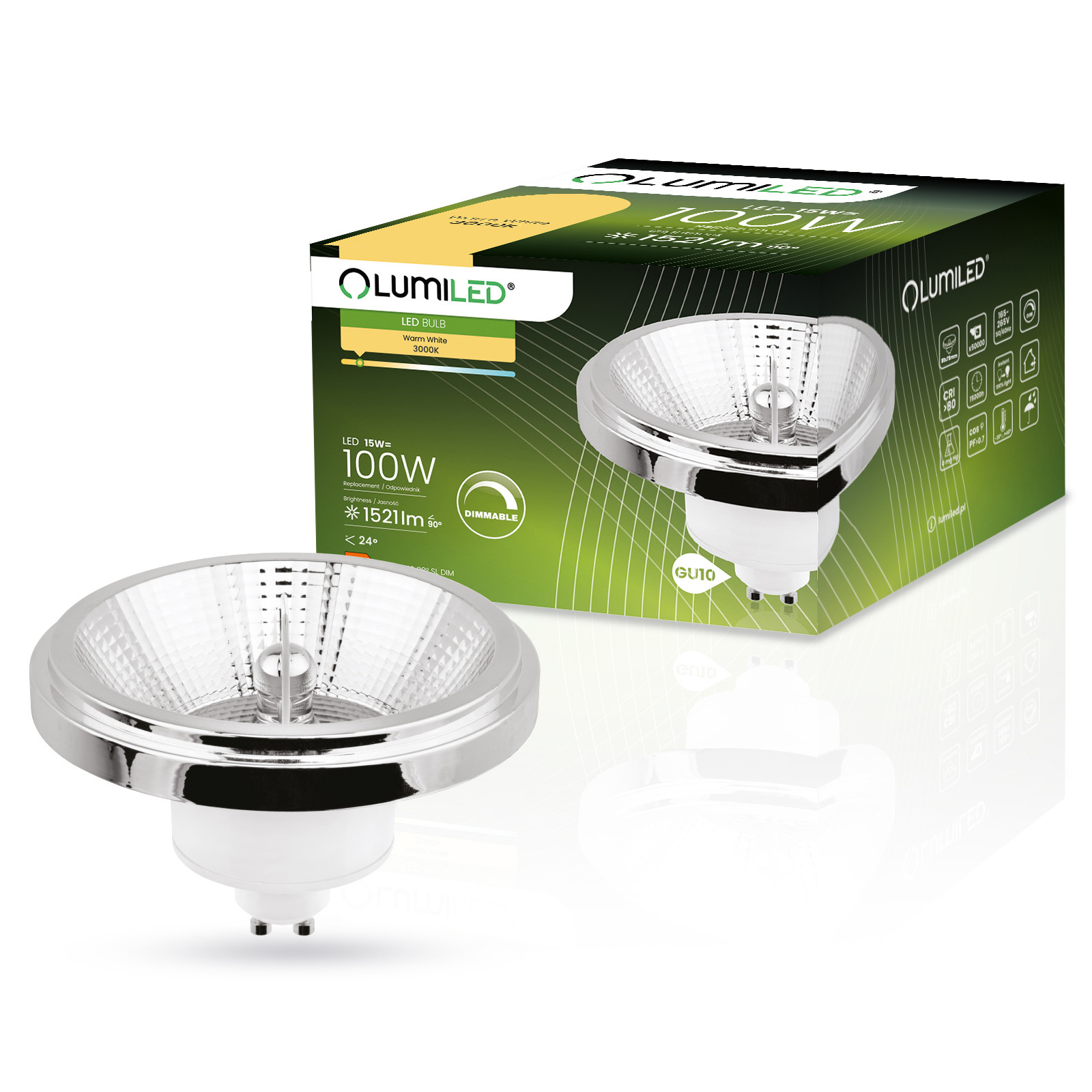 Led-lampe Gu10 Spot Es111 15w = 100w 1521lm 3000k Warmweiß 24° Dimmbar Silber Lumiled