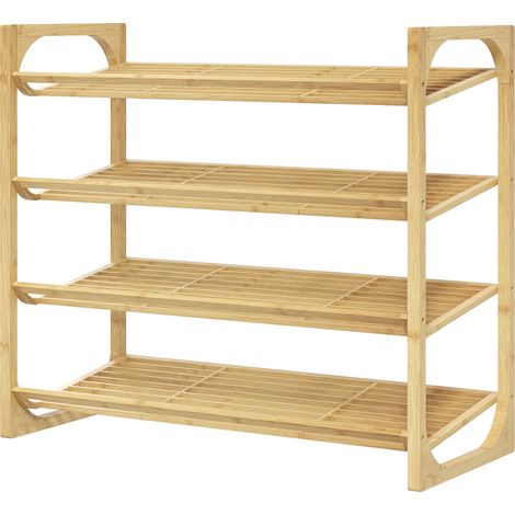 Schuhregal Mit 4 Ebenen. Bietet Platz Für 12 Paar Schuhe. Mit Lattenrost. Bambus. 76 X 33 X 67 Cm. Naturholz.