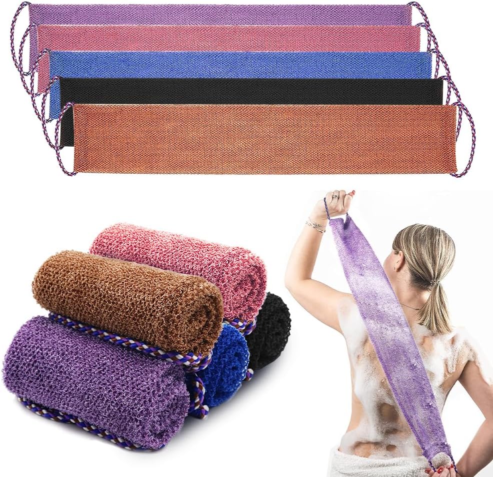 5-teiliges Afrikanisches Peeling-schwamm-set, Doppelseitiger Waschlappen Mit Griffen, Weiche Und Raue Peelingbürste, Lila + Blau + Braun + Schwarz + Rosa