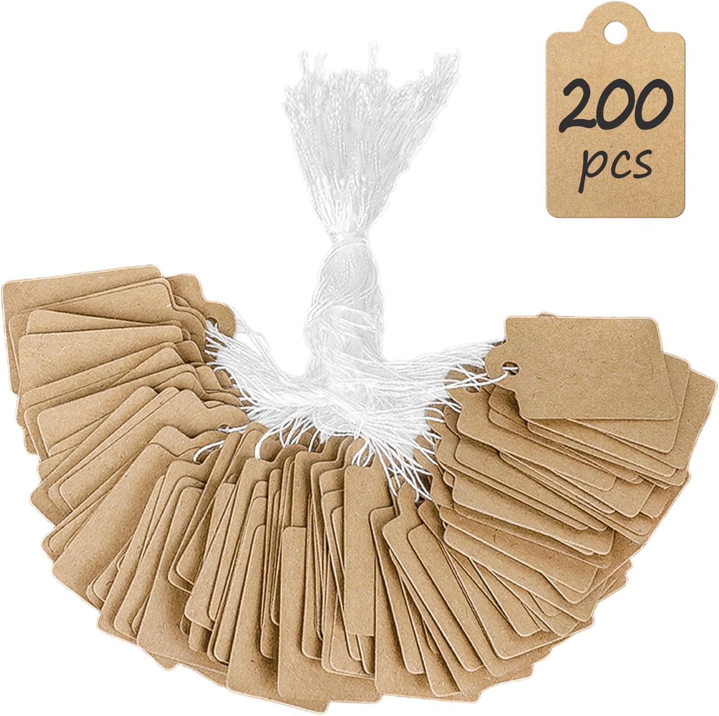 200 Stück Kraftpapier-preisschilder, 2,5 Cm, Beschreibbar, Für Ladenauszeichnungen, Kleidung, Schmuck, Zum Aufhängen, Blanko-etiketten, Mit Aufhängekordeln, 3,5 X 2,2 Cm