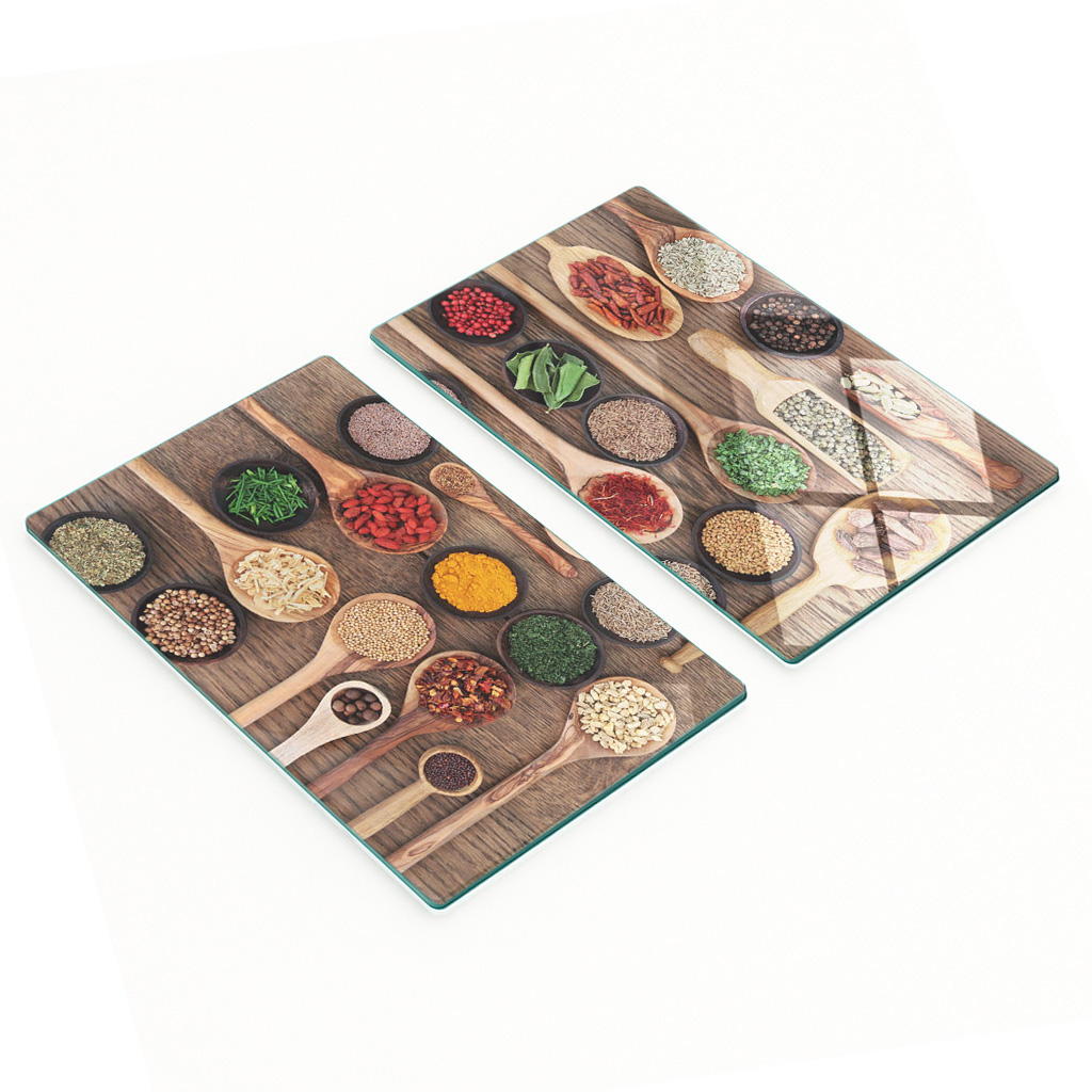 Küchenbretter Aus Gehärtetem Glas Mit Gewürz- Und Kräutermotiven, 2 X 30 X 52 Cm