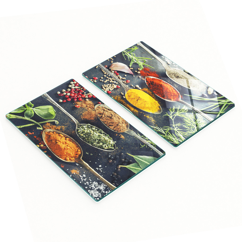Robuste Und Stilvolle Glasschneidebretter Mit Farbenfrohem Gewürzmuster, 2 X 30 X 52 Cm