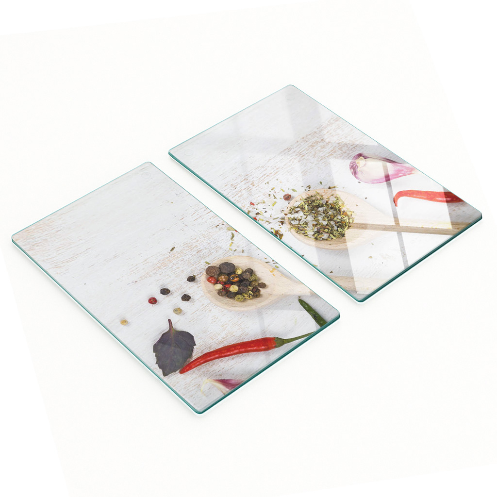 Set Aus Zwei Glas-küchenbrettern Für Gemüse Und Gewürze, 2 X 30 X 52 Cm