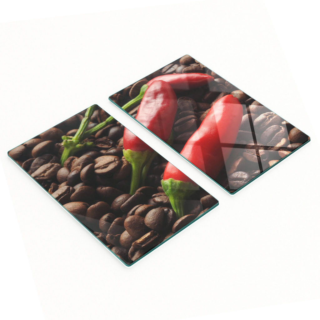 Stilvolle Und Robuste Zwei Glasplatten Mit Chili- Und Kaffeemotiven, 2 X 30 X 52 Cm