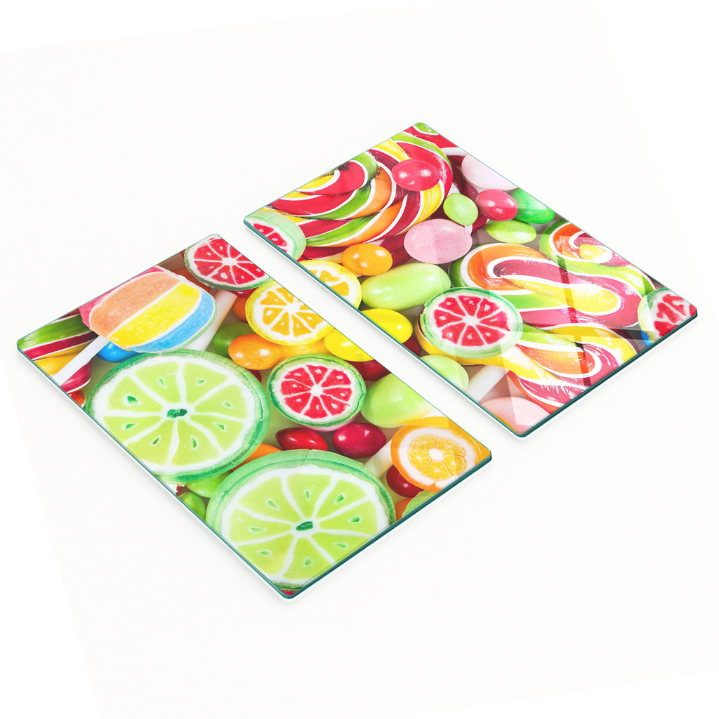 Küchenbretter Aus Gehärtetem Glas Mit Bunten Süßigkeitenmotiven, 2 X 30 X 52 Cm