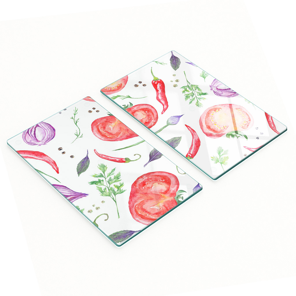 Schneide- Und Servierbretter Aus Glas, Tomaten Und Gewürze, 2 X 30 X 52 Cm