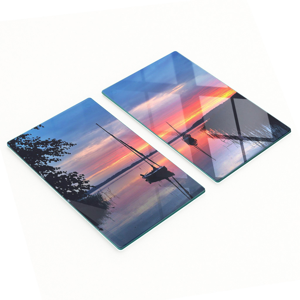 Küchenarbeitsplatten Aus Gehärtetem Glas Mit Segelboot- Und Sonnenmotiv, 2 X 30 X 52 Cm
