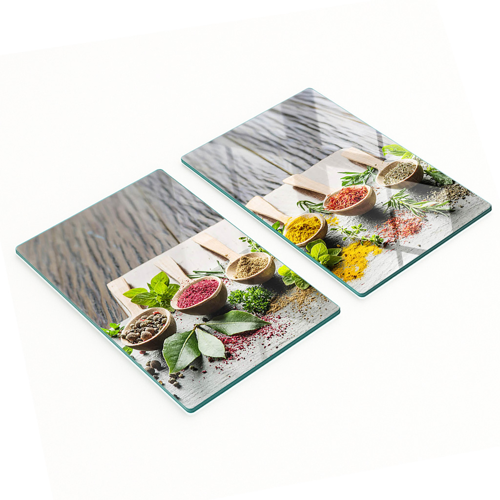 Set Aus Zwei Glas-küchenbrettern Mit Bunten Gewürzen, 2 X 40 X 52 Cm