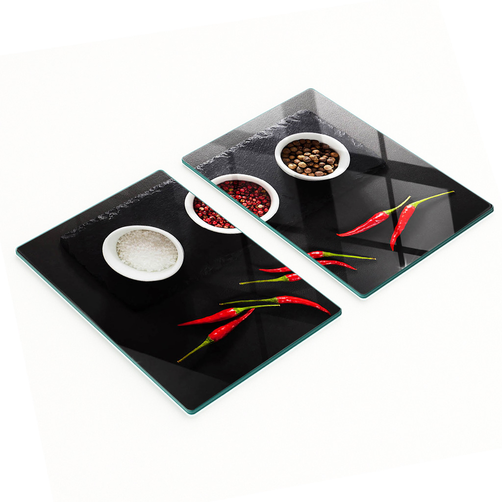 Stilvolle Und Robuste Glasbretter Mit Gewürz- Und Chili-motiv, 2 X 40 X 52 Cm