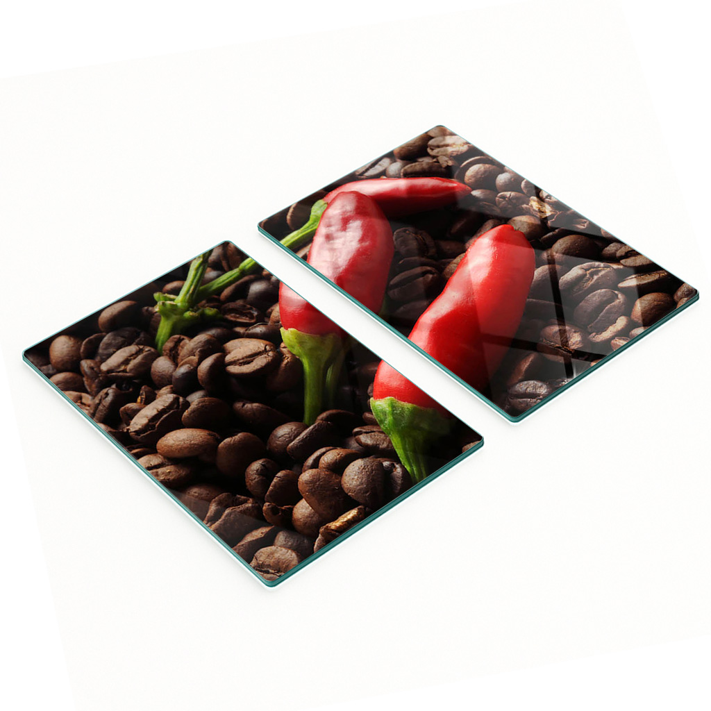 Stilvolle Und Robuste Zwei Glasplatten Mit Chili- Und Kaffeemotiven, 2 X 40 X 52 Cm
