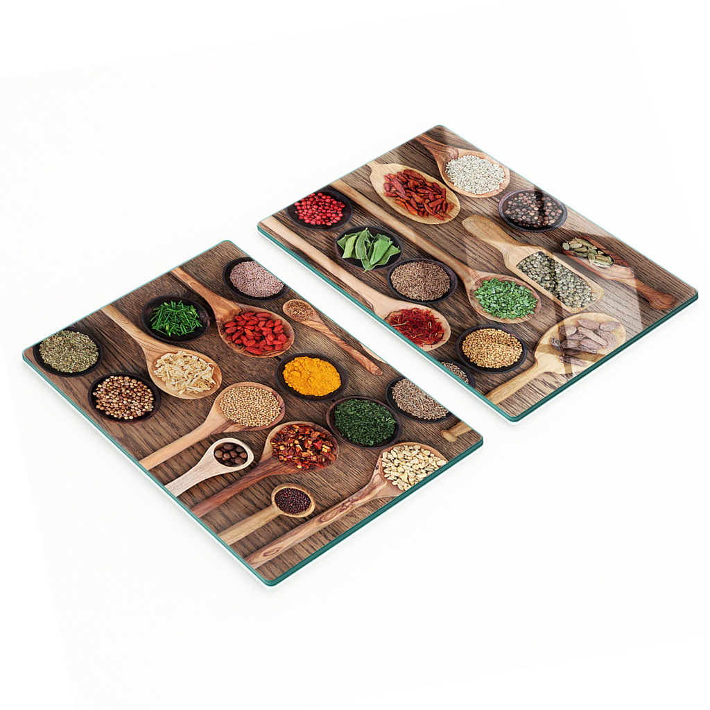 Küchenbretter Aus Gehärtetem Glas Mit Gewürz- Und Kräutermotiven, 2 X 40 X 52 Cm
