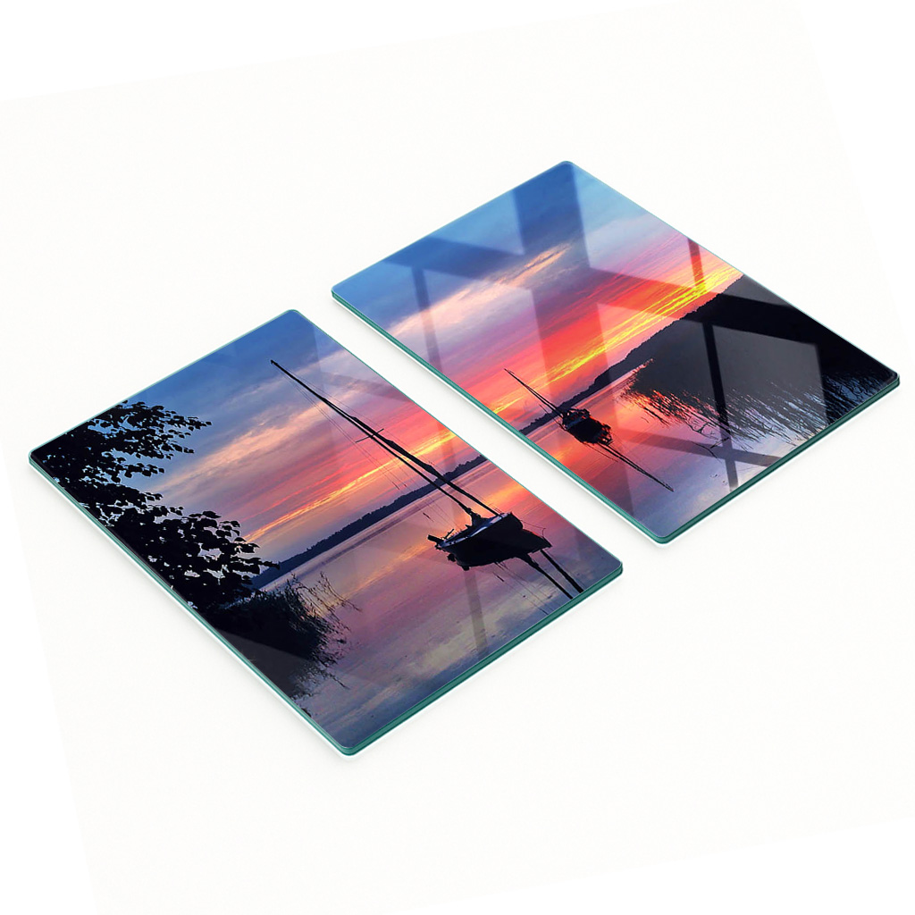Küchenarbeitsplatten Aus Gehärtetem Glas Mit Segelboot- Und Sonnenmotiv, 2 X 40 X 52 Cm