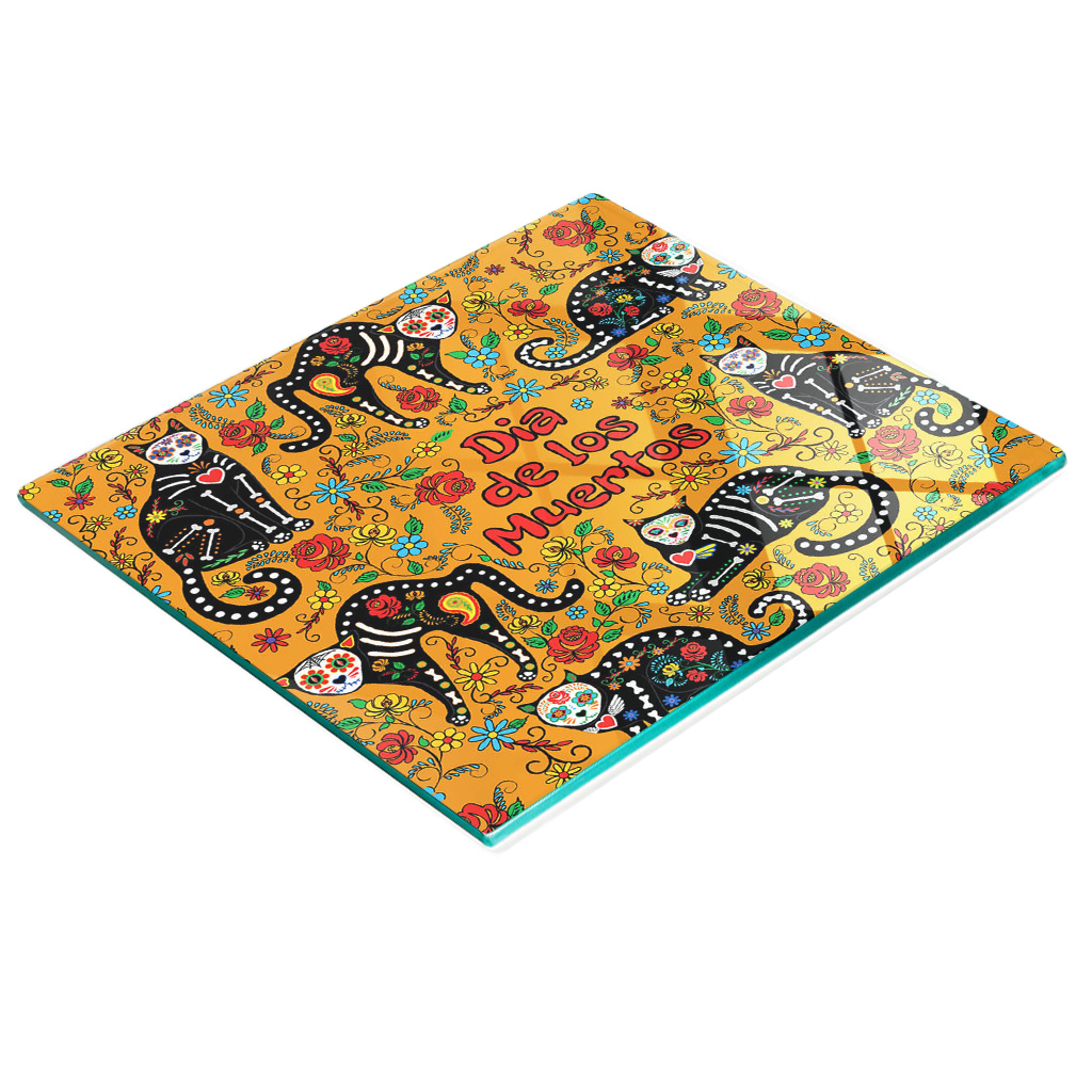 Dekoratives Servierbrett Aus Glas Für Snacks, Calavera-katzenmotiv, 60 X 52 Cm