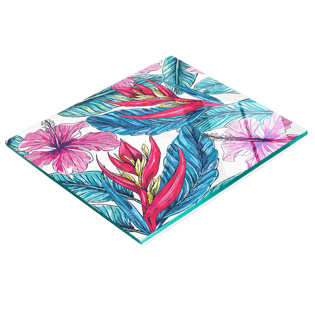 Dekorative, Multifunktionale Glasplatte Aus Gehärtetem Glas Mit Blumen- Und Palmenmotiv, 60 X 52 Cm