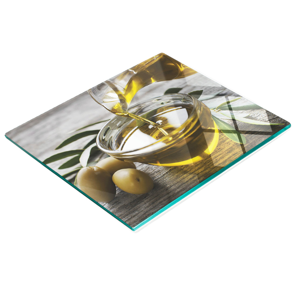 Küchenschneidebrett Aus Glas Mit Grafischer Olivenölschale, 60 X 52 Cm