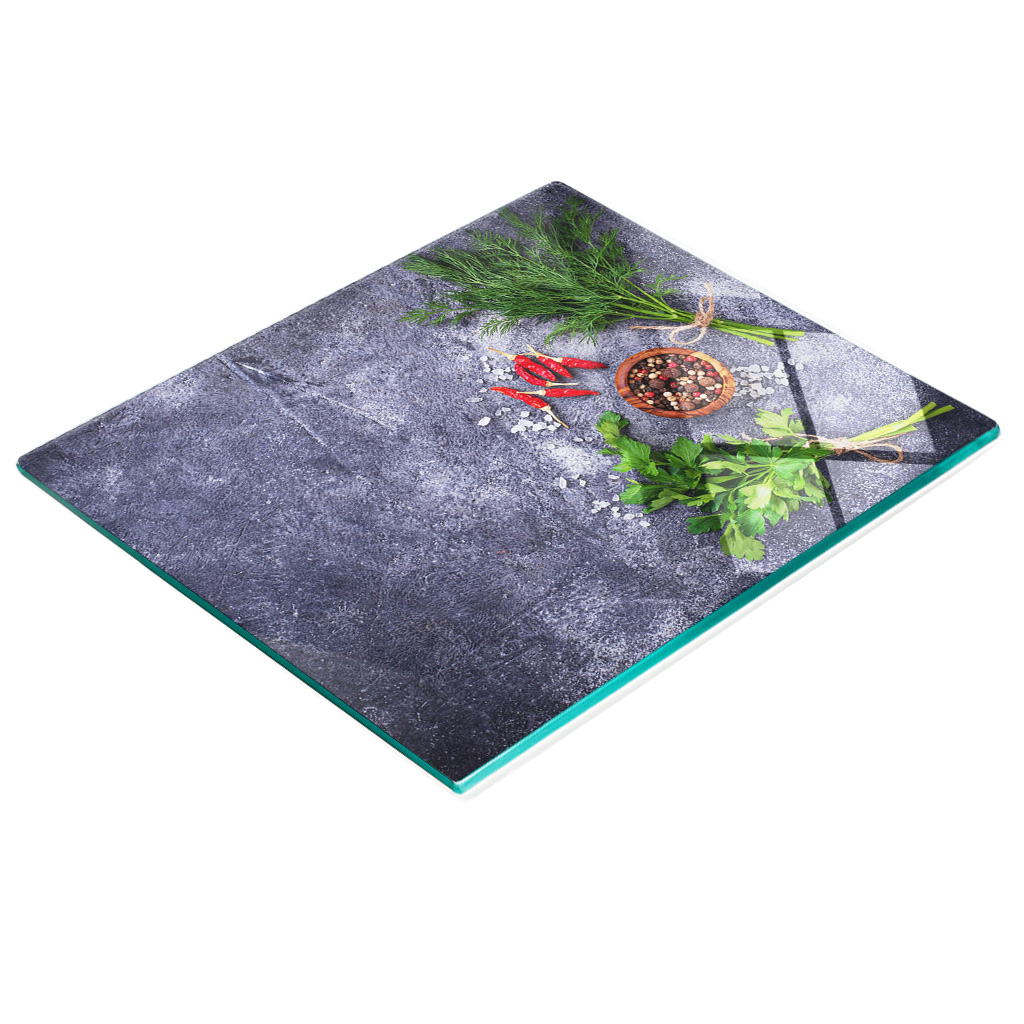 Stilvolles Und Robustes Glasbrett Mit Kräuter- Und Gewürzmotiv, 60 X 52 Cm