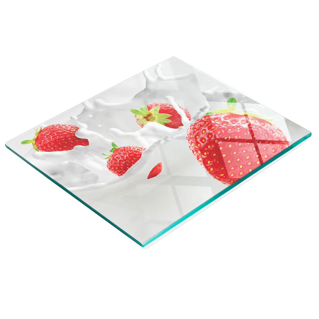 Dekoratives Küchenschneidebrett Aus Glas, Erdbeer- Und Milchmotiv, 60 X 52 Cm