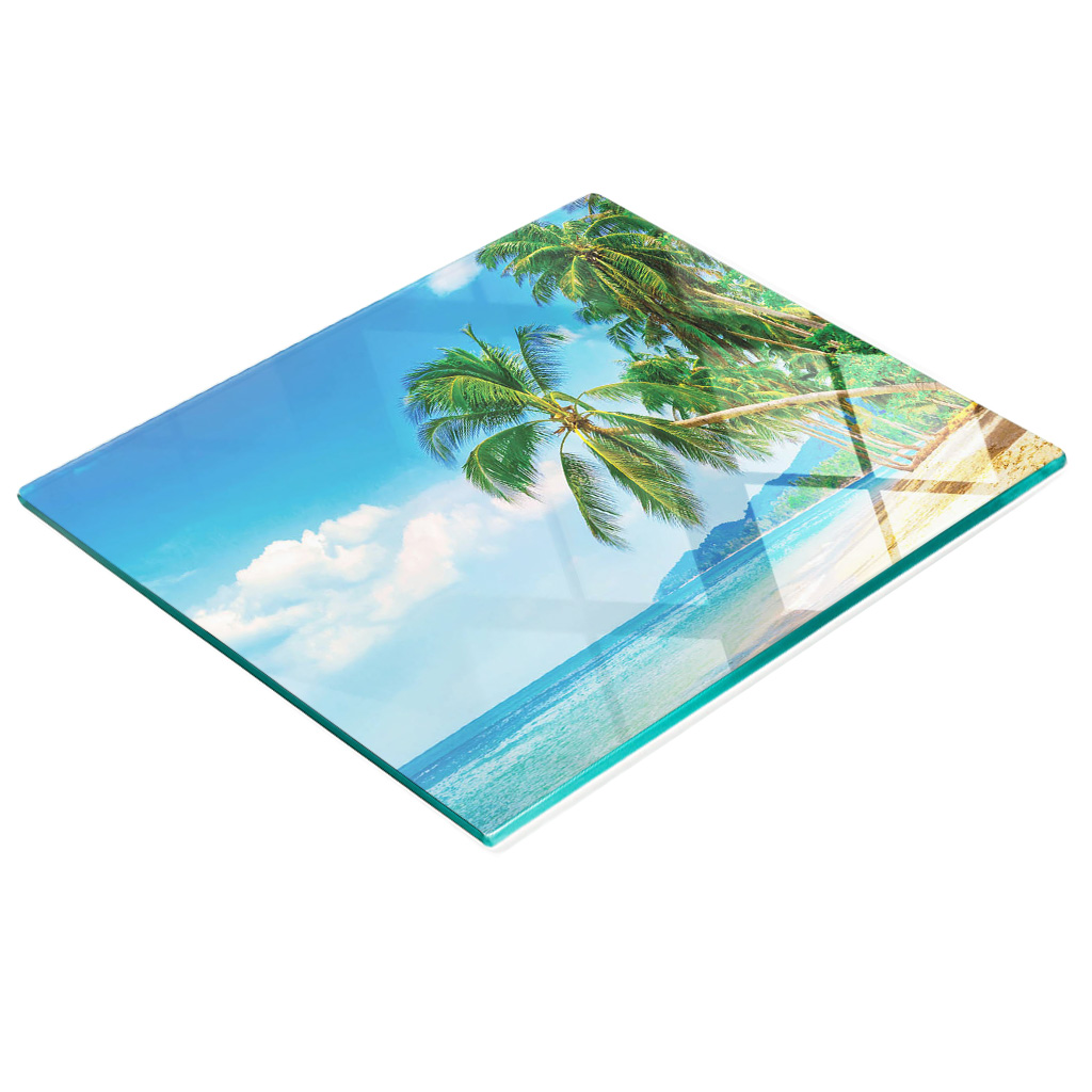 Dekorative, Multifunktionale Glasplatte Aus Gehärtetem Glas Mit Strand- Und Palmenmotiv, 60 X 52 Cm