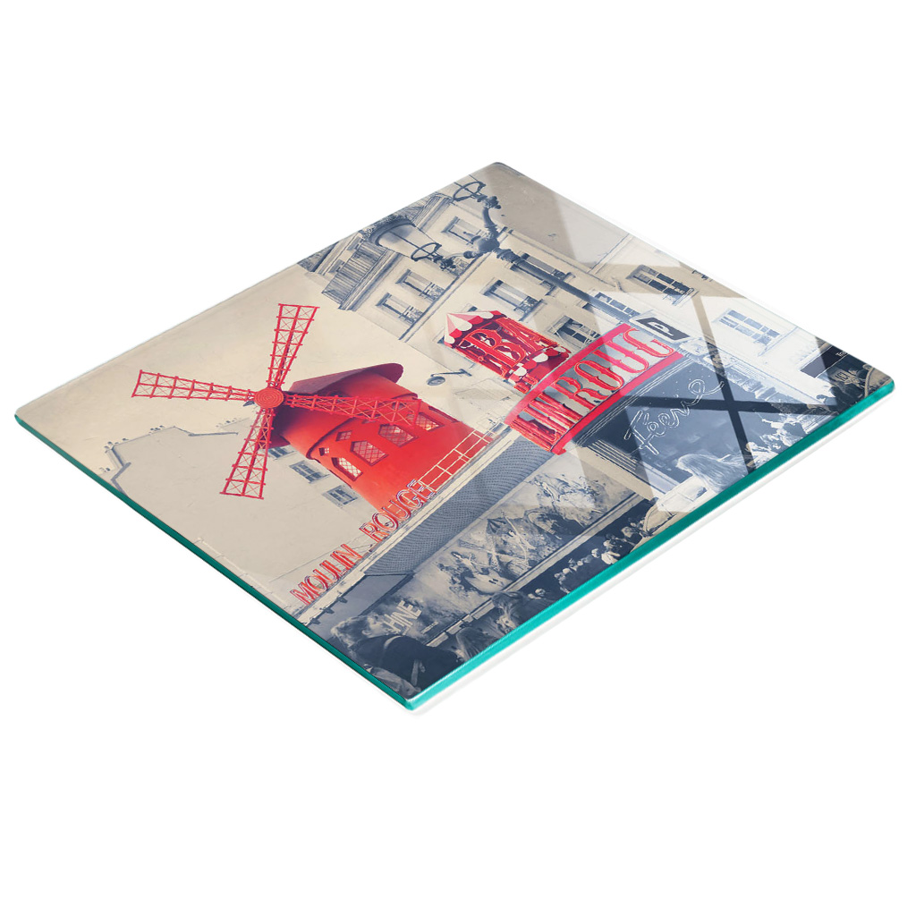Küchenbrett Aus Gehärtetem Glas Mit Dekorativen Moulin-rouge-motiven, 60 X 52 Cm