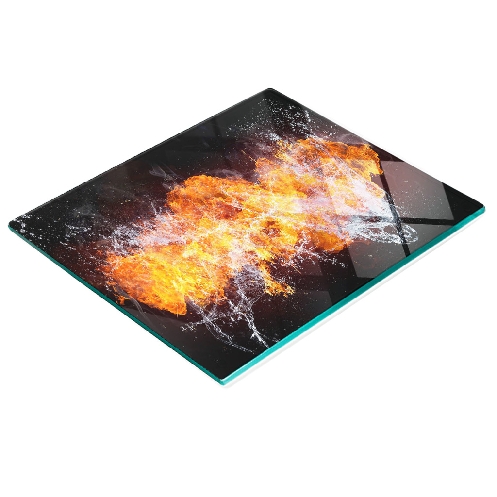 Dekoratives Servierbrett Aus Glas Für Snacks, Motiv: Feuer Und Wasser, 60 X 52 Cm