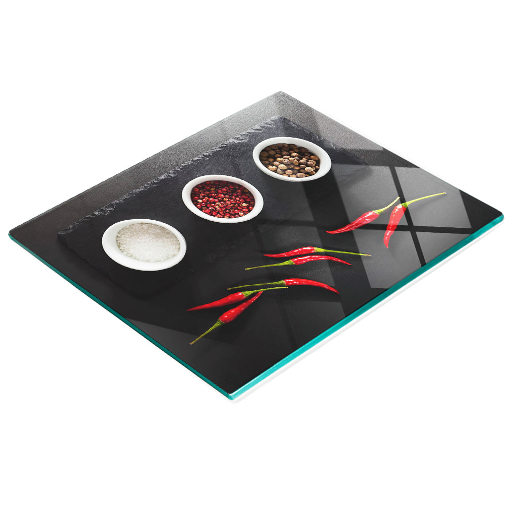 Küchenbrett Aus Gehärtetem Glas Mit Gewürz- Und Chili-motiven, 60 X 52 Cm