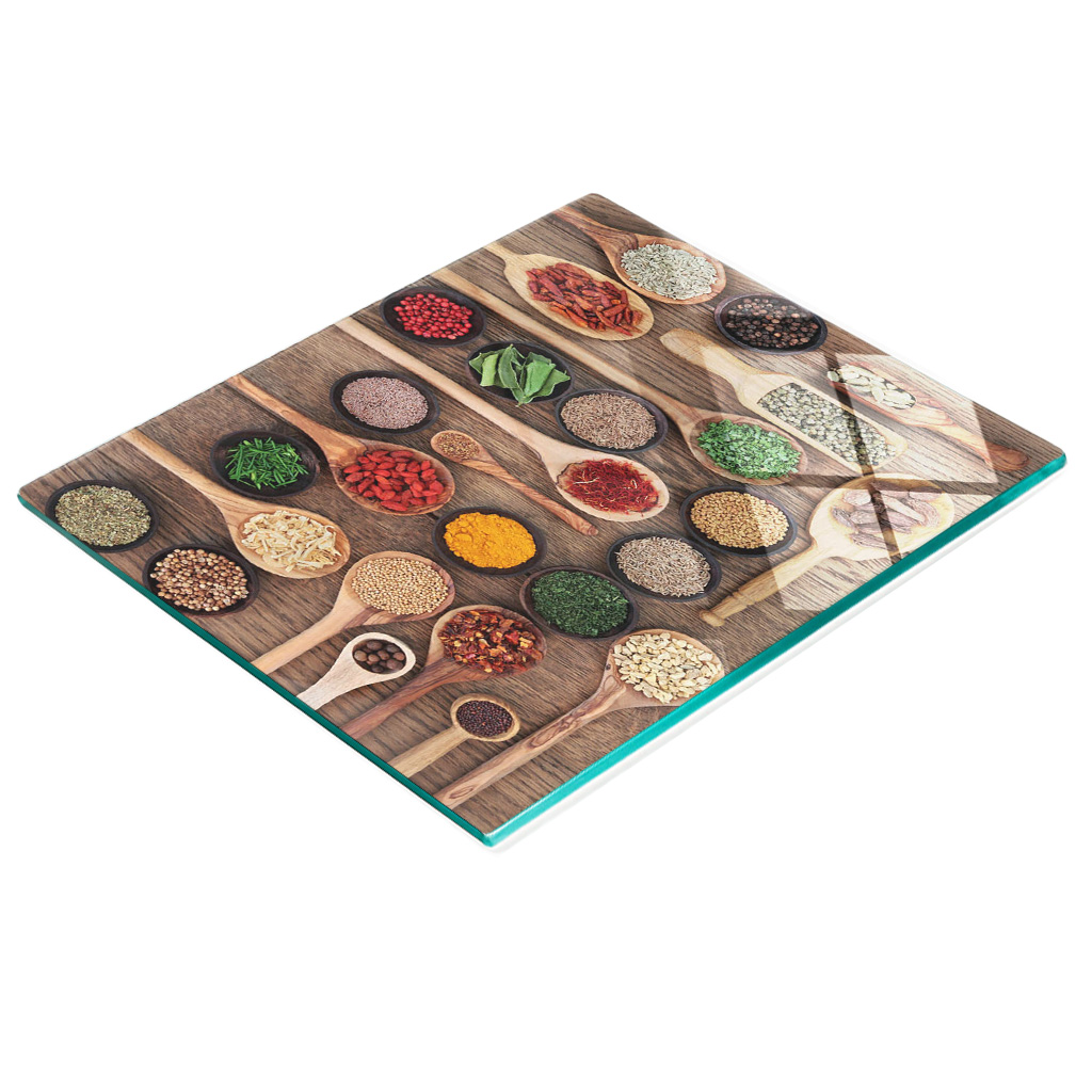 Küchenschneidebrett Aus Glas Mit Gewürz- Und Kräutermotiv, 60 X 52 Cm