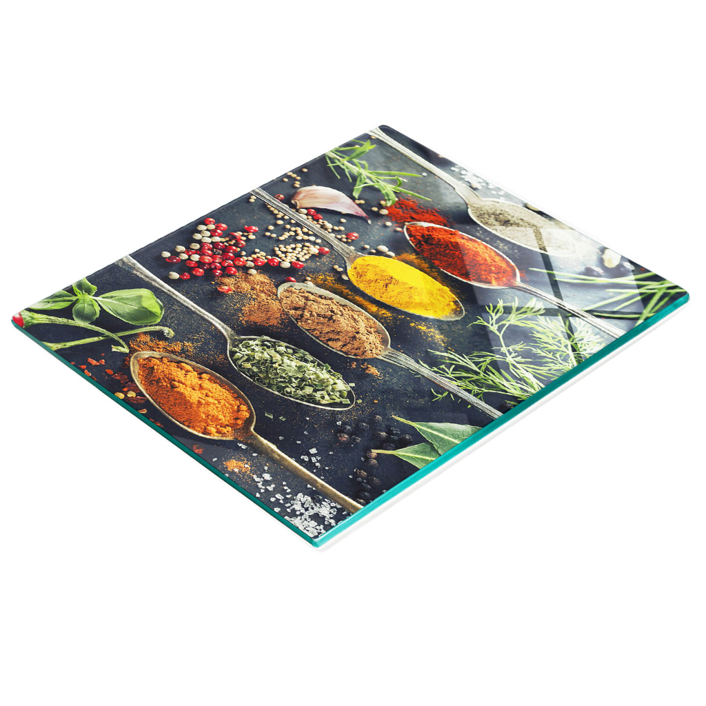 Stilvolles Und Robustes Glasbrett Mit Farbenfrohem Gewürzmuster, 60 X 52 Cm