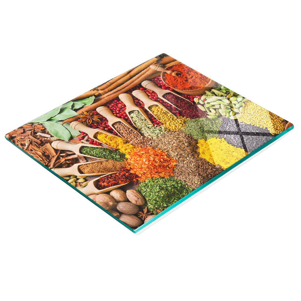 Dekoratives Küchenschneidebrett Aus Glas Mit Bunten Gewürzen, 60 X 52 Cm
