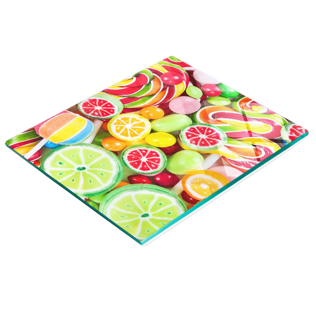 Stilvolles Und Robustes Glasbrett Mit Buntem Süßigkeitenmotiv, 60 X 52 Cm