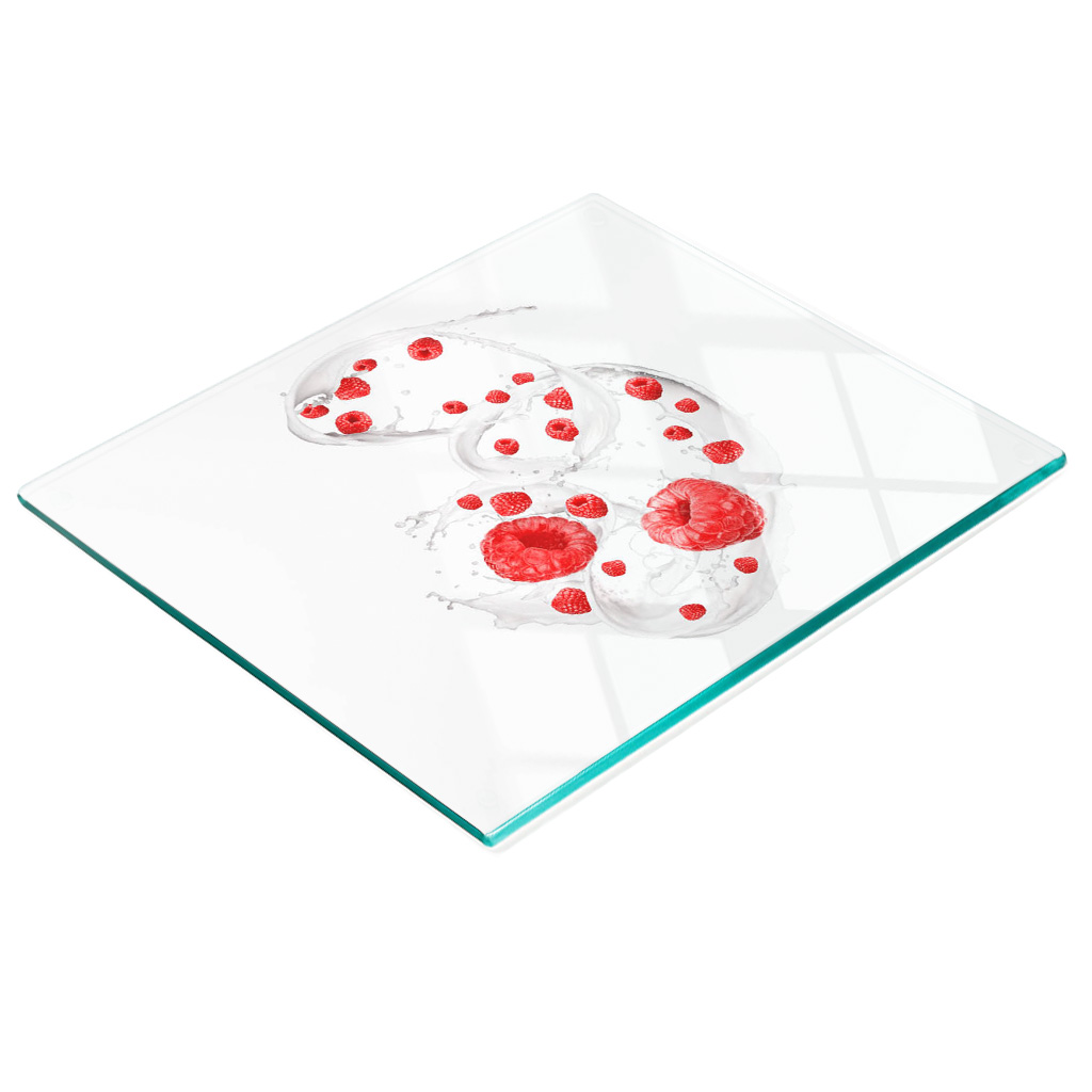 Dekoratives Küchenschneidebrett Aus Glas, Himbeeren Mit Milch, 60 X 52 Cm