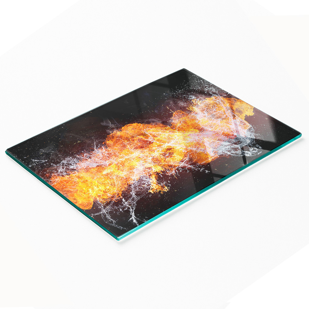 Dekoratives Servierbrett Aus Glas Für Snacks, Motiv: Feuer Und Wasser, 80 X 52 Cm